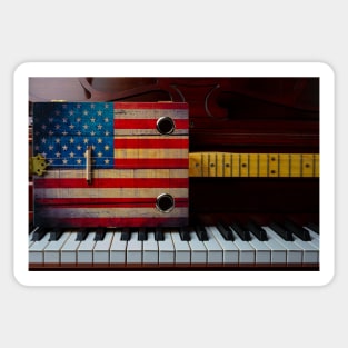 Cigar Box American Flag Guitar On Piano Keys Sticker